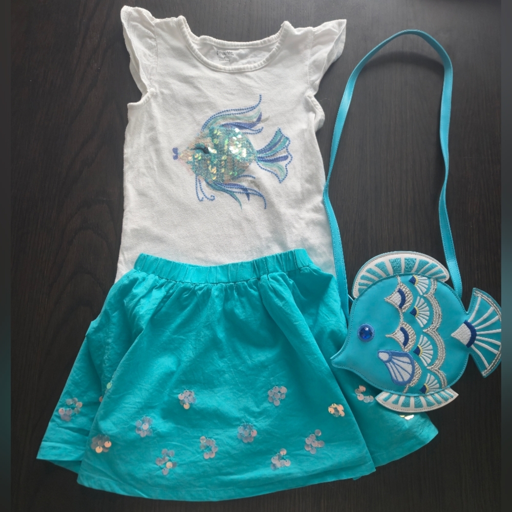 Gymboree Teal Fish Sequin Skirt Set With Purse